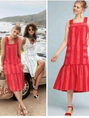 Maeve by Anthropologie Red Striped Square-Neck Midi Dress